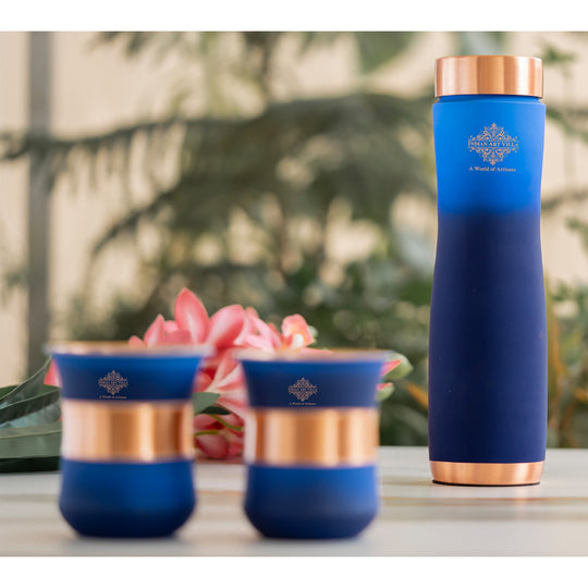Matte blue copper water bottle set with glasses, handcrafted by Indian Art Villa for home and gifting