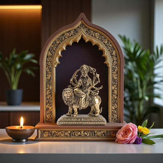 Pure Brass Durga Maa Sitting on Lion with Divine Weapons
