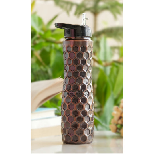 Classic pure copper sipper water bottle with antique dark finish and unique honeycomb texture, Indian Art Villa
