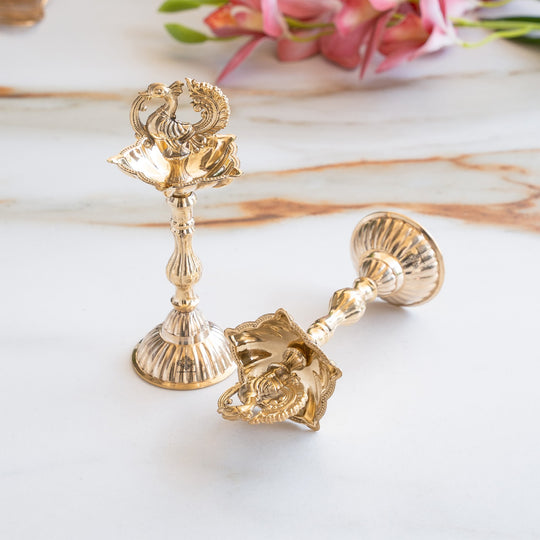 Brass Pillar Diya Set of 2 - Standing Oil Lamps