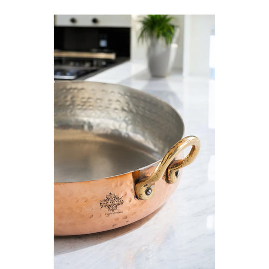 Pure copper pan/ kadai with kalai lining and brass handles, handcrafted for expert cooking and exquisite presentation