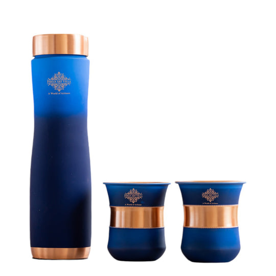 Elegant blue copper water bottle set with glasses, smooth finish for dining table and gifting