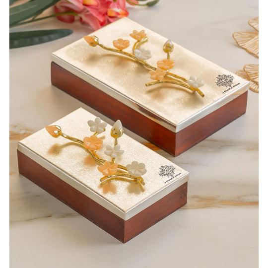 Wooden Decorative Box with Silver-Plated Leaf and Flower Design