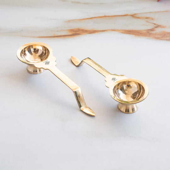 Brass Golchy Aarti Diya Set of 2 with Long Handle