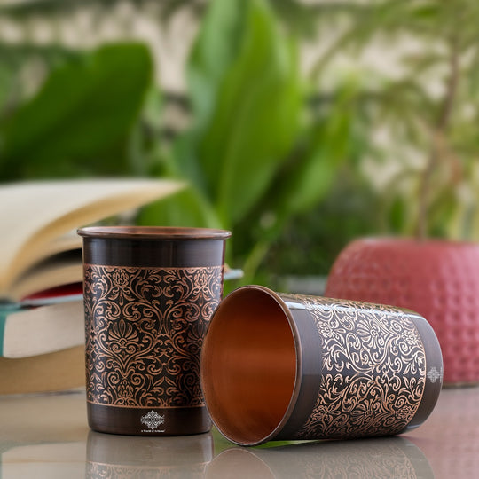 Pure Copper Glass With Handcrafted Embossed Design 275 ML