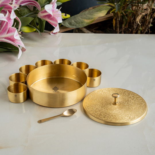 Traditional Indian pure brass masala dabba with nakashi engraved lid and 7 katori for spice storage
