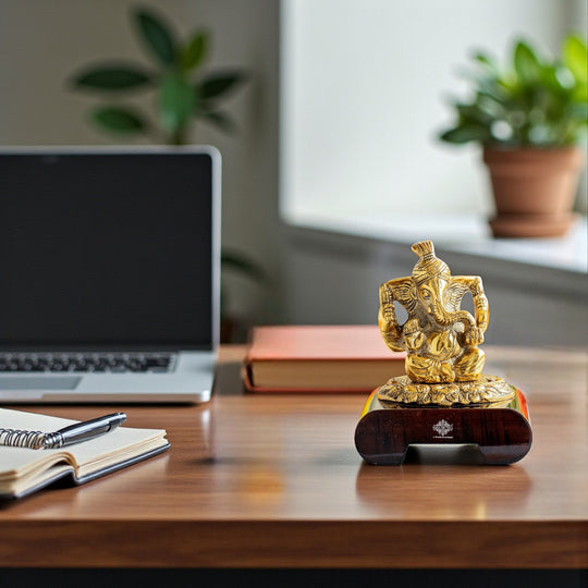 Brass Finish Ganesh Ji Murti with Wooden Base