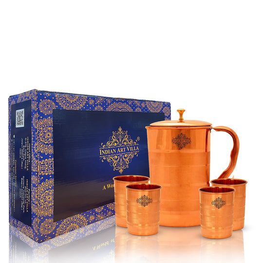 Elegant Handcrafted Copper Jug with 4 Tumblers – Indian Art Villa Premium Drinkware Gift Set for Healthy Lifestyle