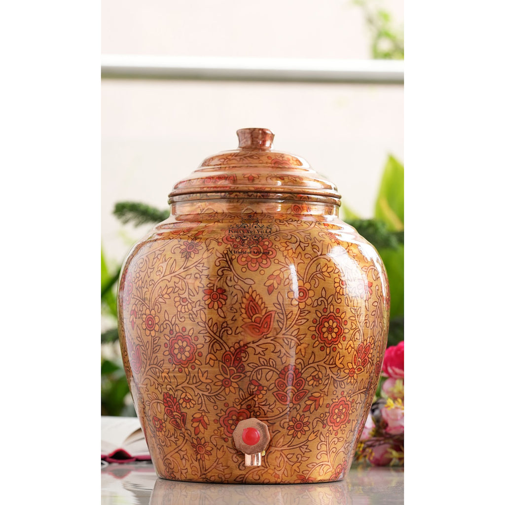 INDIAN ART VILLA Printed Paisely Design Copper Water Dispenser | Pot Matka | Water Storage |
