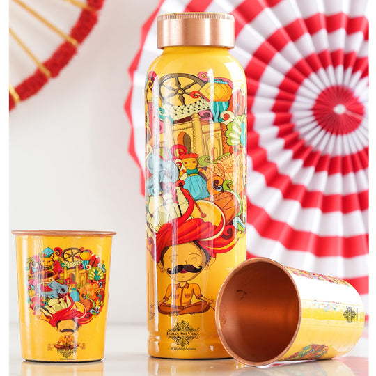 Indian Art Villa's Copper Bottle & Glass Set adorned with Rajasthani Meena 'Padharo Mhare Desh' and Ayurvedic Drinkware, featuring Pagdi Art.