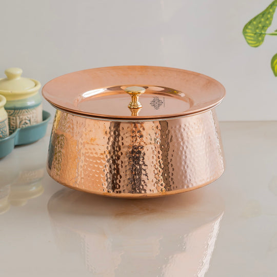 Artisanal copper handi with brass knob lid and tin lining by Indian Art Villa ideal for weddings dining or restaurant