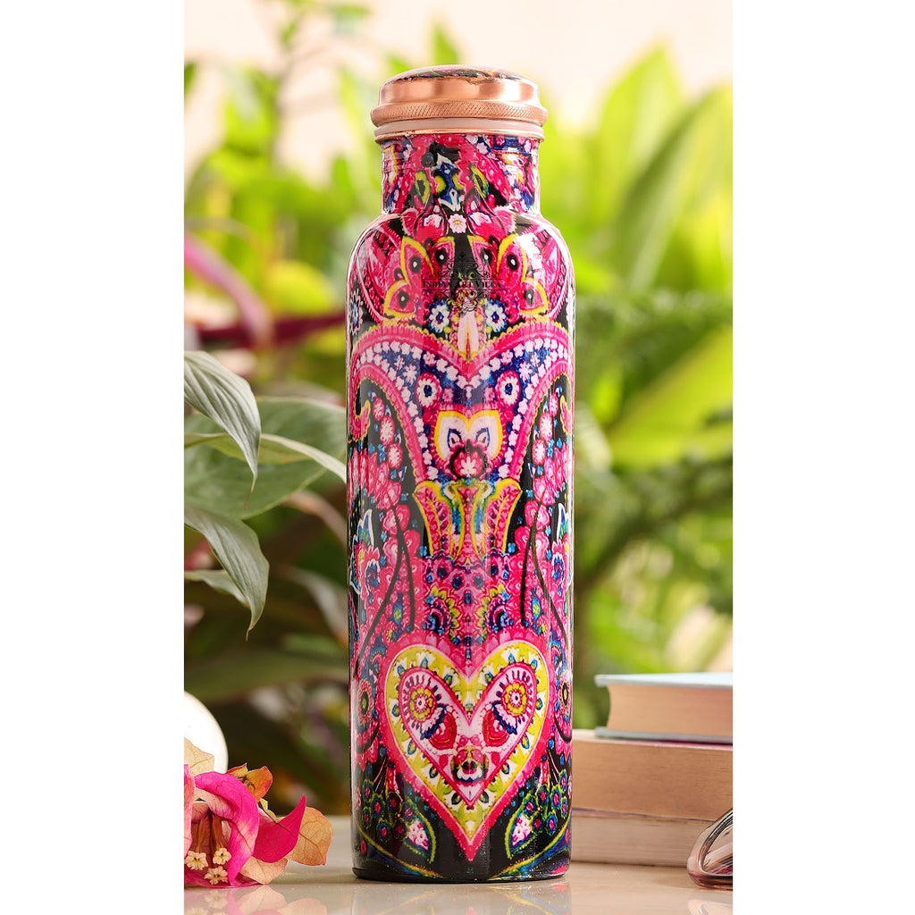 IndianArtVilla Copper Multicolored Bottle in Pink Floral Print, Volume - 1000 ML