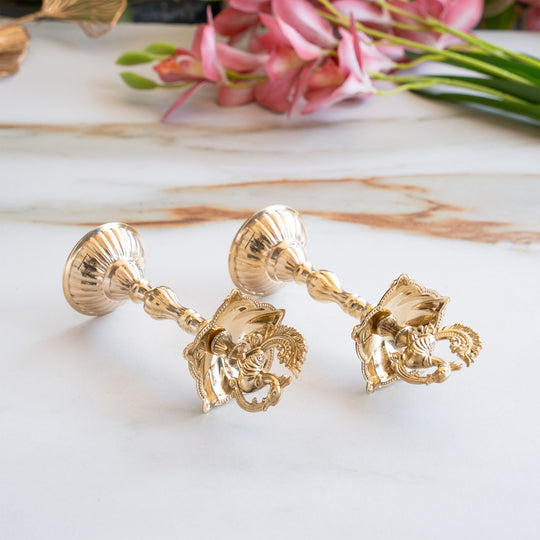 Brass Pillar Diya Set of 2 - Standing Oil Lamps