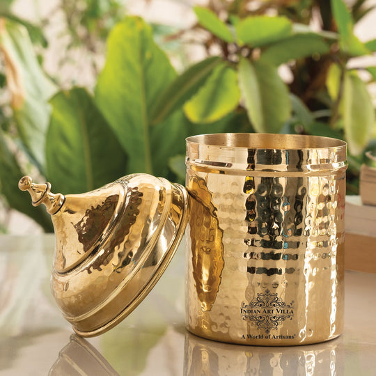 Brass Hammered Storage Container with Lid – 500 ML, Gold Finish Traditional Brass Jar, Dry Fruit, Sugar Storage Jar & Decorative Brass Box for Kitchen, Dining & Gifting