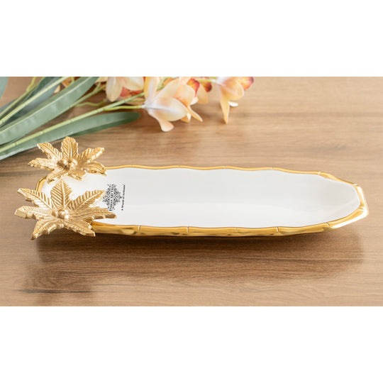 Brass Finish Oval Decorative Serving Plate with Flower