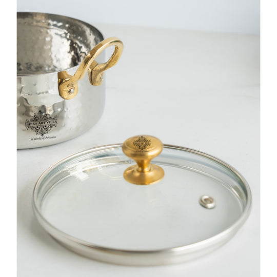 Stainless Steel Serving Bowl with Brass Handles and Glass Lid, Hammered Designs – Elegant Tableware for Home & Restaurant Use