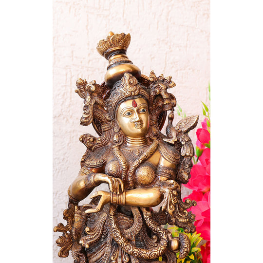 Handcrafted Pure Brass Standing Radha Krishna Statue Playing Flute