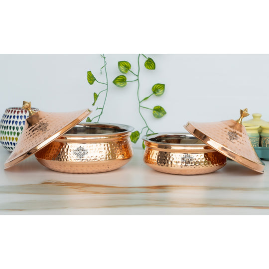 The soul of tradition lives in copper handi 1400ML Indian Art Villa hammered copper lid crowned with luminous brass knob