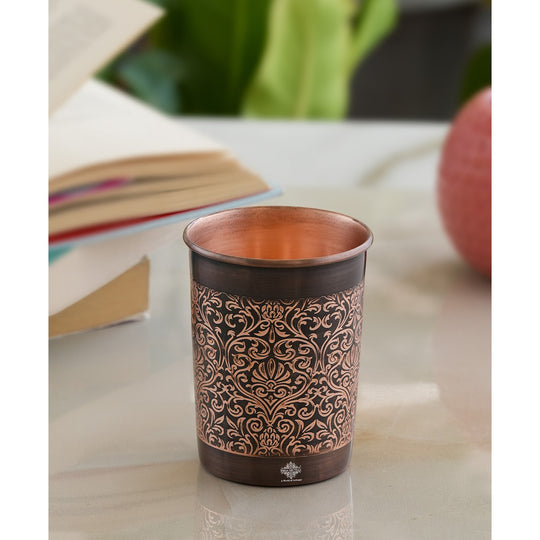 Pure Copper Glass With Handcrafted Embossed Design 275 ML