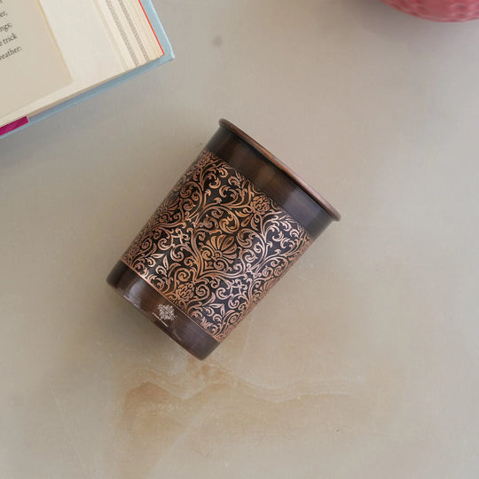 Pure Copper Embossed Design  Water Pot With Stand & Glass