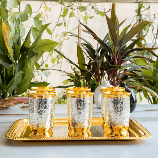 Handcrafted Pure Silver Plated Gold Polished 6 Glass with 1 Tray