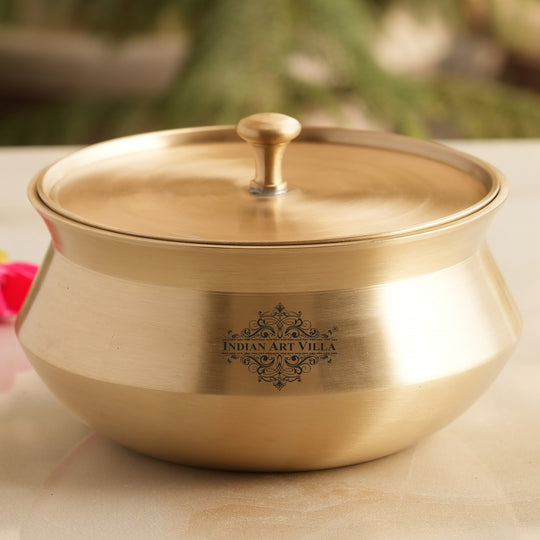 Handcrafted brass handi with lid from Indian Art Villa featuring a smooth matte body and elegant classic silhouette
