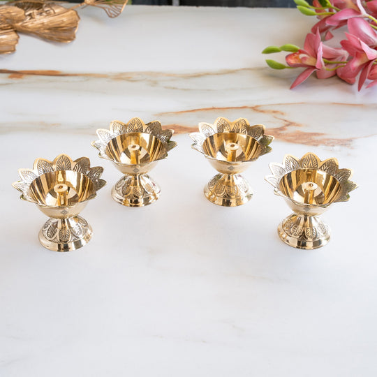 Brass Floral Diya Set of 4, Decorative Oil Lamps for Pooja