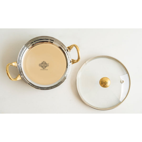 Stainless Steel Hammered Sauce Pan/Bowl with Brass Handles and Glass Lid, Ideal for Sauces, Soups, Gravies, and Cooking