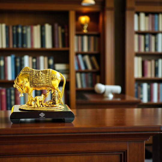 Brass Finish Kamadhenu Cow With Calf & Kanha JI