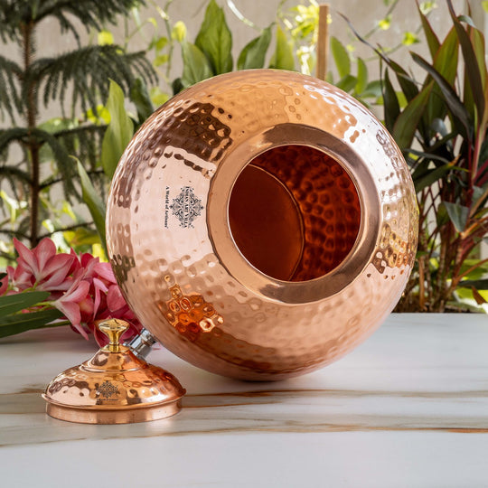 Extra large 5 litre round copper matka in restaurant for bulk drinking water storage – tambe ka matka price