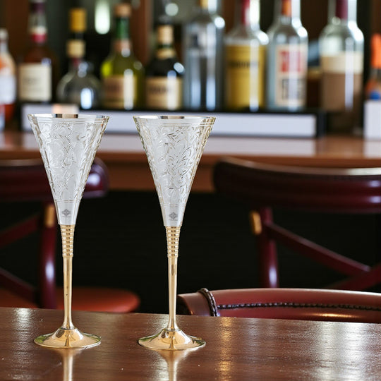 Silver Plated Engraved Goblet / Flute Glass / Wine Glass with Red Box | Set of 2 | 100 ML each