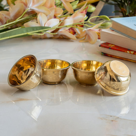 Handcrafted Pure Brass Embossed Round Shaped Bowl, Dinnerware, Serveware