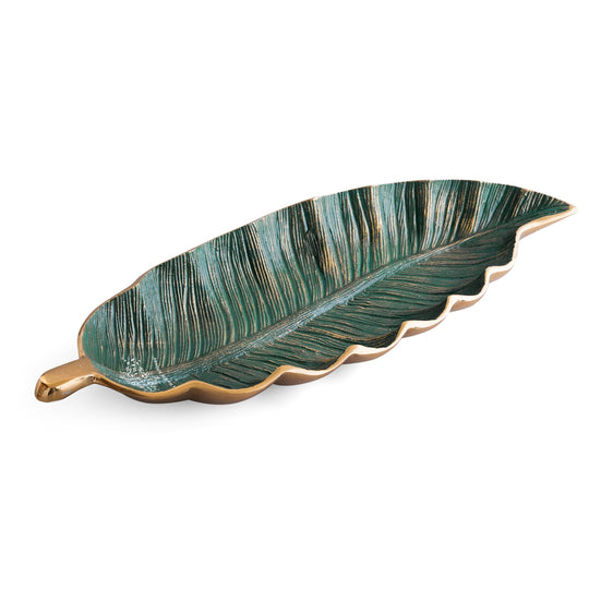 Gold Finish Green Leaf Design Decorative Platter – 43 Cm Banana Leaf Shaped Tray for Home Décor