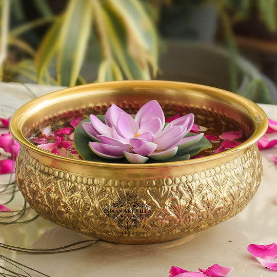 Handcrafted brass Urli with embossed ornate floral design front view — Indian Art Villa