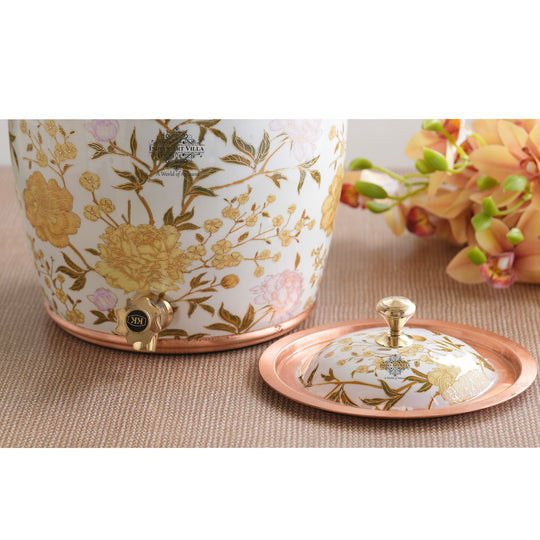 Handcrafted Pure Copper Water Pot with Gold Print Design, Ayurveda Water Vessel, 10 Ltr.