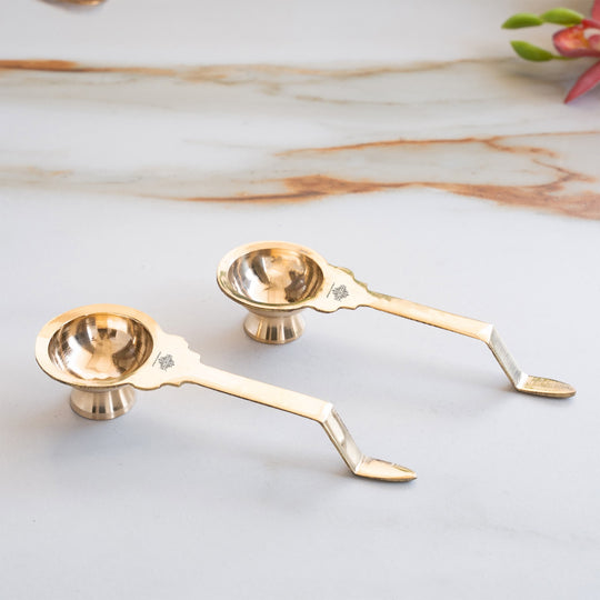 Brass Golchy Aarti Diya Set of 2 with Long Handle