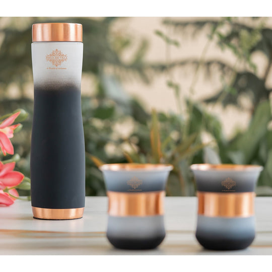 Indian Art Villa copper water bottle set with shaded silk ombre design, tamra bottle for health benefits and dining table decor