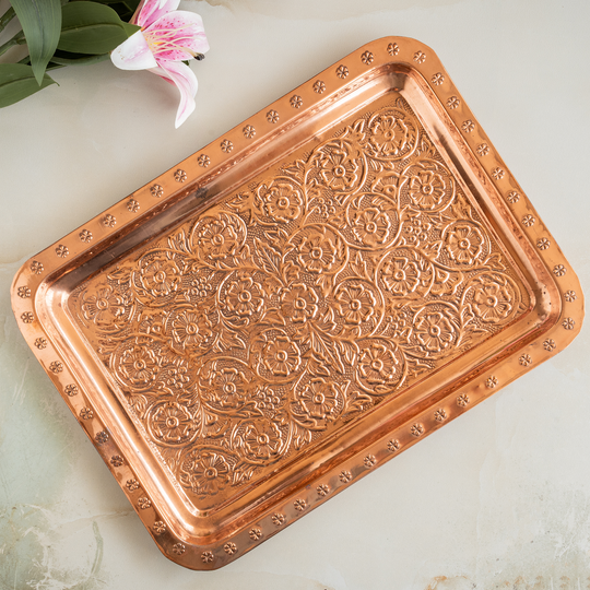 Pure Copper Engraved Flower Design Tray | Serving Tea Coffee Water Dishes | Home Hotel Restaurant Tableware