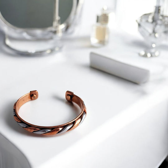 Copper & Steel Finish Spiral Bangle Handcrafted Adjustable Bracelet for Energy Balance