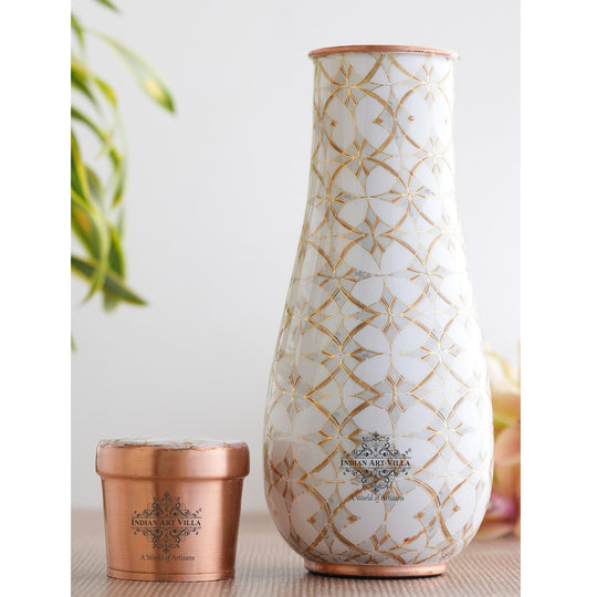 Pure Copper Bedroom Bottle 1500ml by Indian Art Villa – Golden Block Print Design for Ayurvedic Use