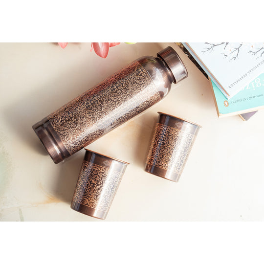 Antique Embossed Copper Bottle Gift Set – Includes 1 Copper Bottle & 2 Glasses