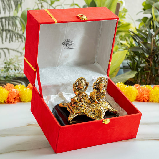 Brass Finish Ganesh Ji With  Laxmi JI Murti with Wooden Base