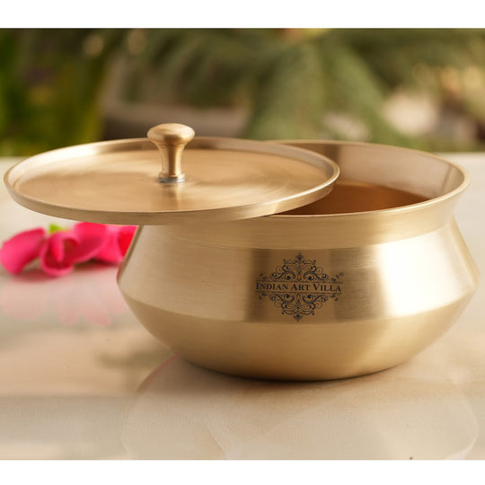 Indian Art Villa matte finished brass handi with lid made for authentic Indian cooking, serving and traditional decor