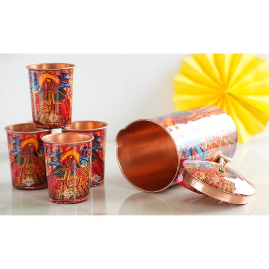 Ayurvedic Copper Jug & 2 Glass Set by Indian Art Villa, featuring Rajasthani Meena 'Padharo Mhare Desh' print, ideal for home decor.