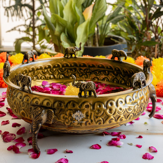 Brass Urli with Elephant Trunk Design -Antique Embossed