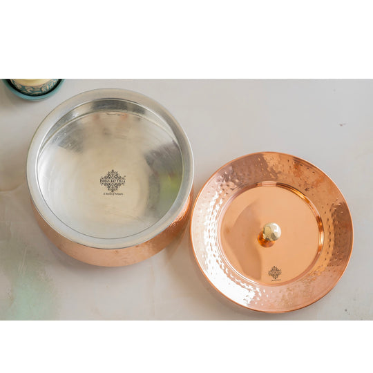 copper handi by Indian Art Villa with lid and tin lining for serving curries biryani and gravies