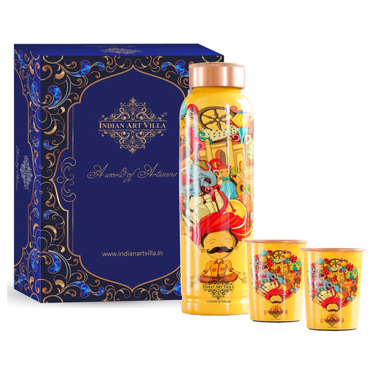 Indian Art Villa's Copper Bottle & Glass Set adorned with Rajasthani Meena 'Padharo Mhare Desh' and Ayurvedic Drinkware, featuring Pagdi Art.