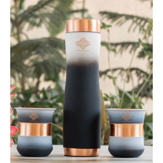 Ombre shaded silk copper bottle set with glasses by Indian Art Villa, pure tamra water bottle for healthy hydration and gifting