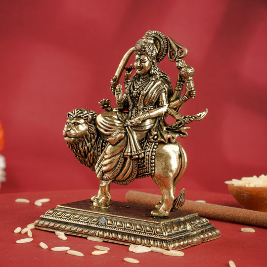 Pure Brass Durga Maa Sitting on Lion with Divine Weapons
