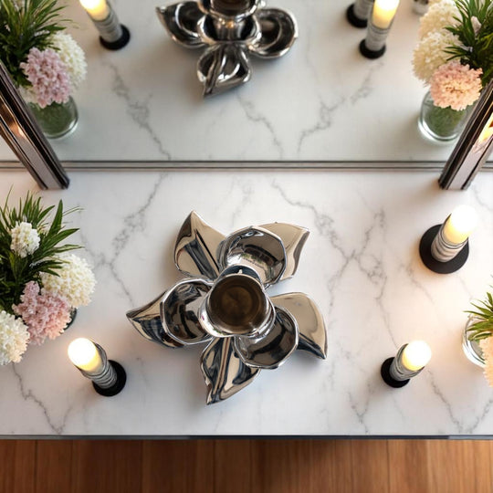 Silver-Plated Lotus Design Candle Stand – Elegant Handcrafted Decor for Festive, Spiritual & Home Ambience – Ideal for Tealight Holding and Table Centerpiece